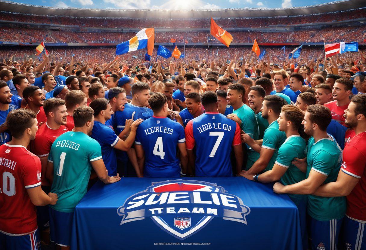 A dynamic team huddle featuring diverse athletes in colorful, branded apparel and merchandise, surrounded by an energetic atmosphere with banners and flags showcasing team logos. The backdrop should include a stadium filled with cheering fans, highlighting camaraderie and team spirit. Incorporate elements like sports equipment and motivational quotes. super-realistic. vibrant colors. energetic vibe.